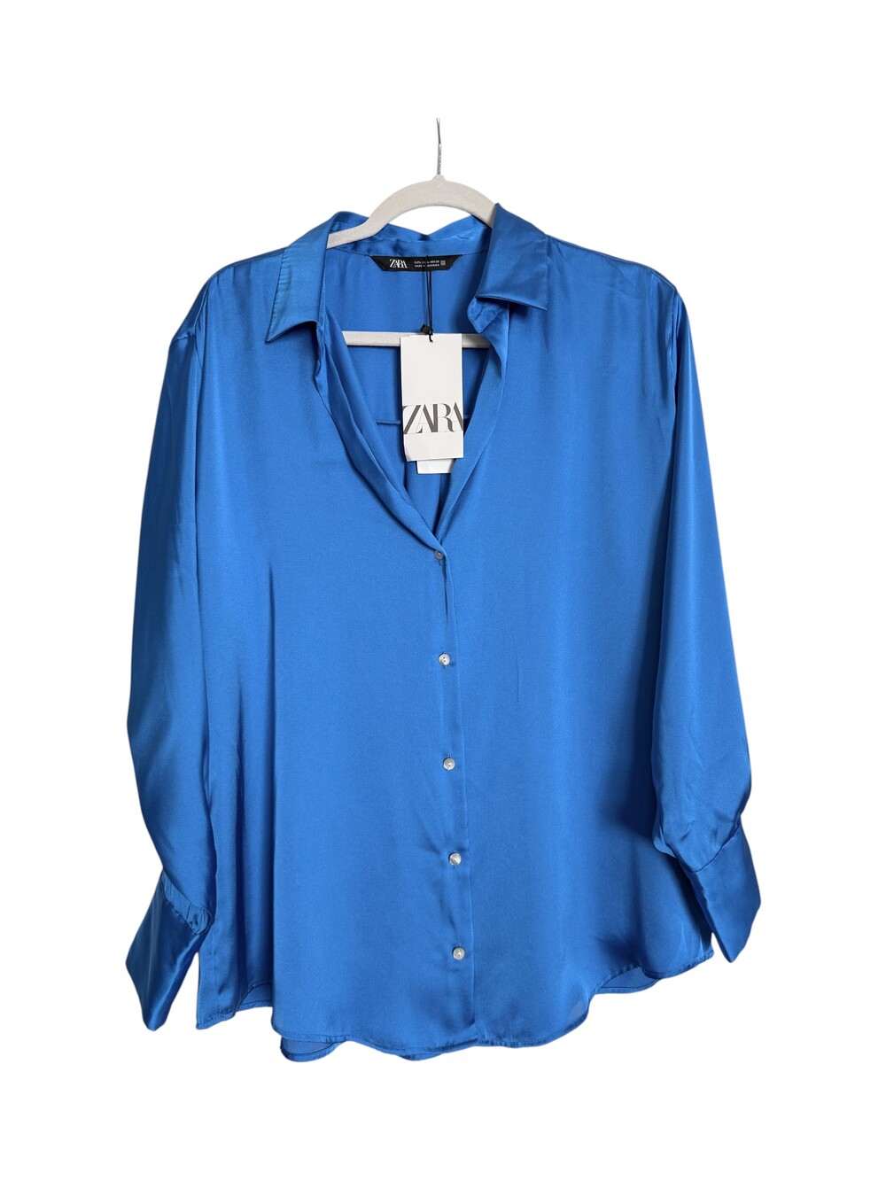 Zara Satin Effect Shirt Blue Blouse M Long Sleeve Button Down